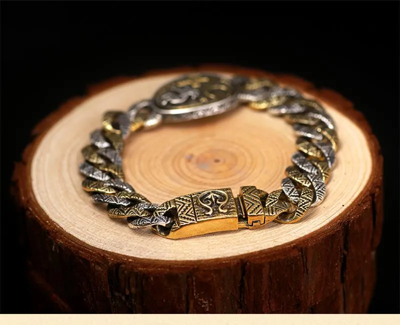 925 Sterling Silver Retro Indian Stamp Vintage Cool Punk Bracelet for Men