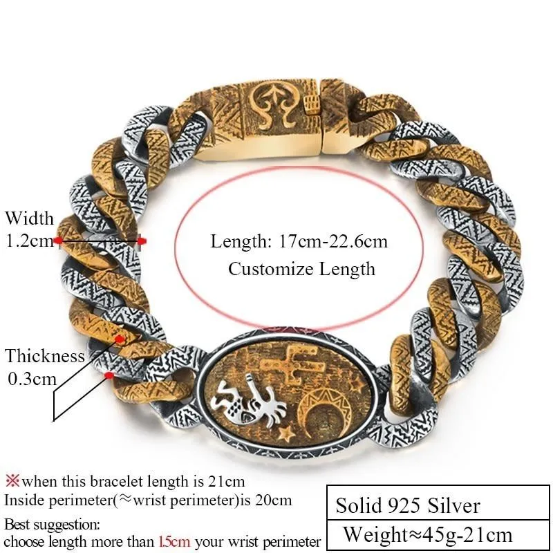 925 Sterling Silver Retro Indian Stamp Vintage Cool Punk Bracelet for Men