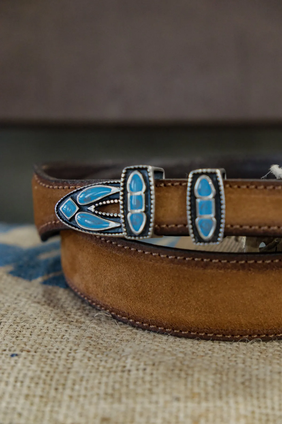 Alberto Luti - Turquoise Jewel Buckle Leather Belt in vintage suede