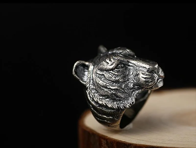 Authentic 925 Sterling Silver Retro Domineering Cool Tiger Ring for Men