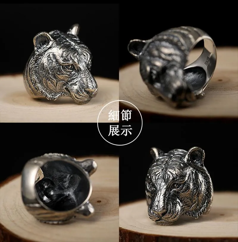 Authentic 925 Sterling Silver Retro Domineering Cool Tiger Ring for Men