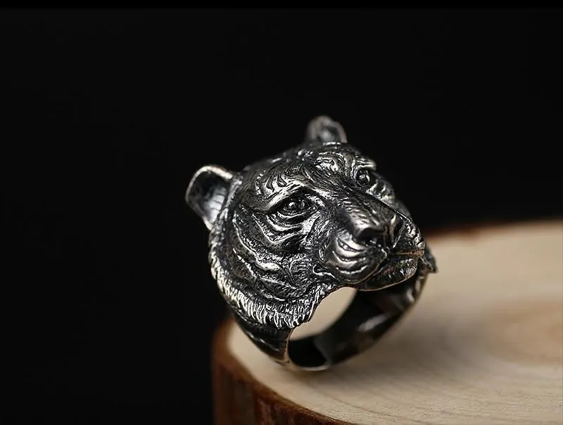 Authentic 925 Sterling Silver Retro Domineering Cool Tiger Ring for Men