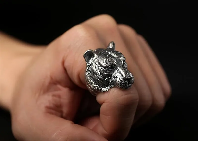 Authentic 925 Sterling Silver Retro Domineering Cool Tiger Ring for Men