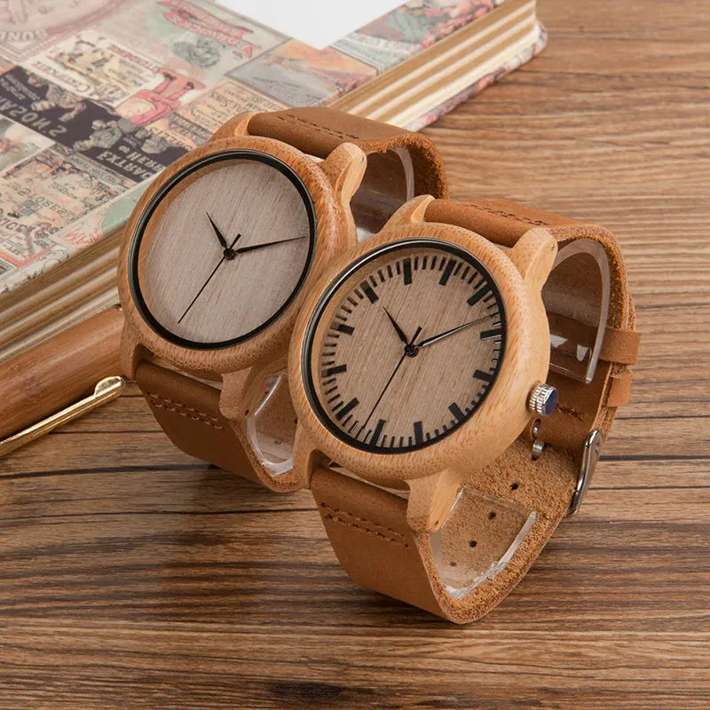 Bamboo Wood Quartz Watch with Scale Soft Leather Straps for Men & Women