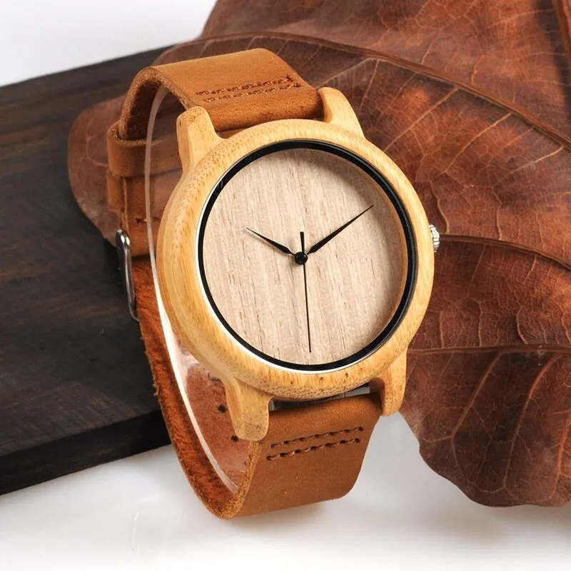 Bamboo Wood Quartz Watch with Scale Soft Leather Straps for Men & Women