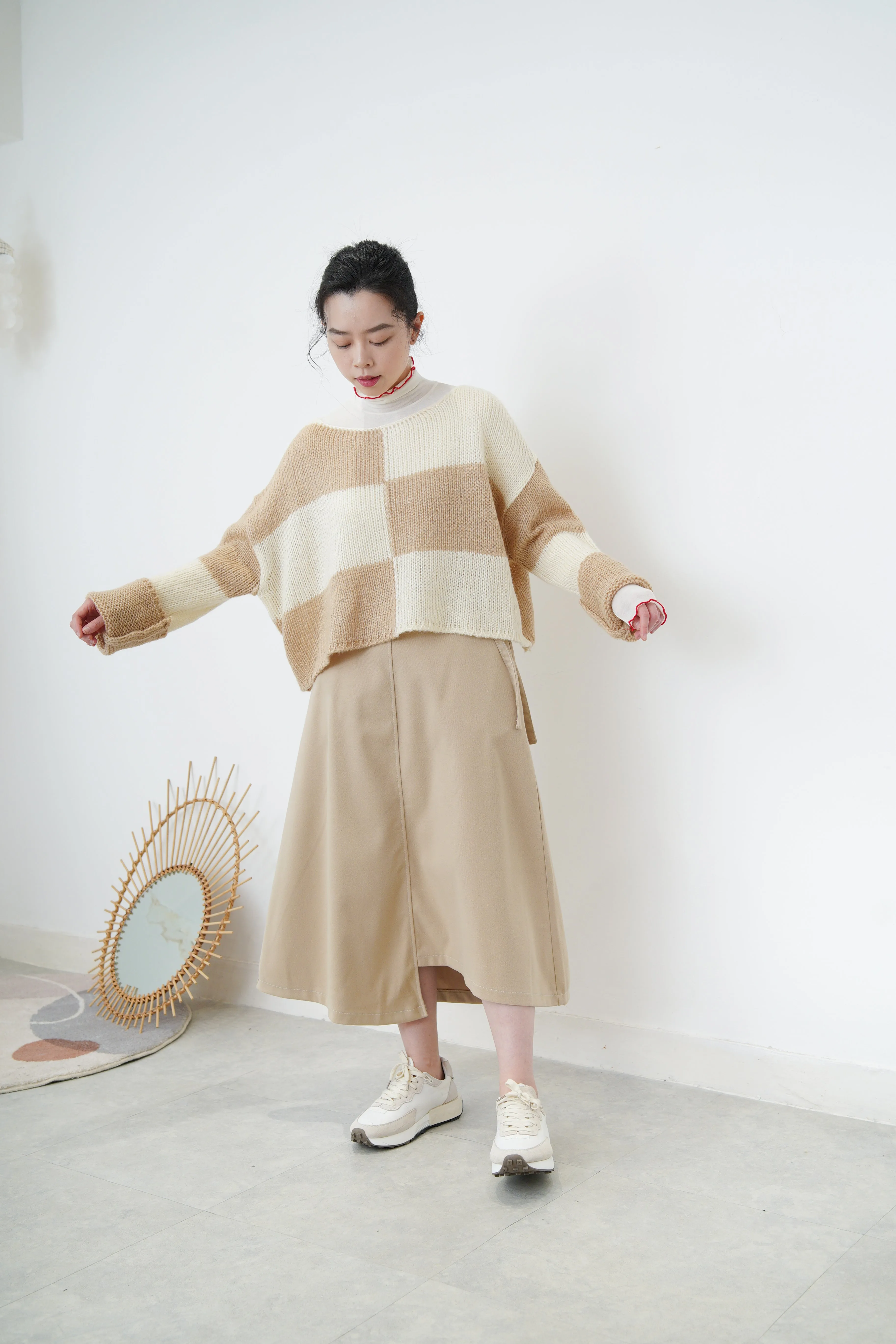 Beige asymmetric skirt w/ double belts