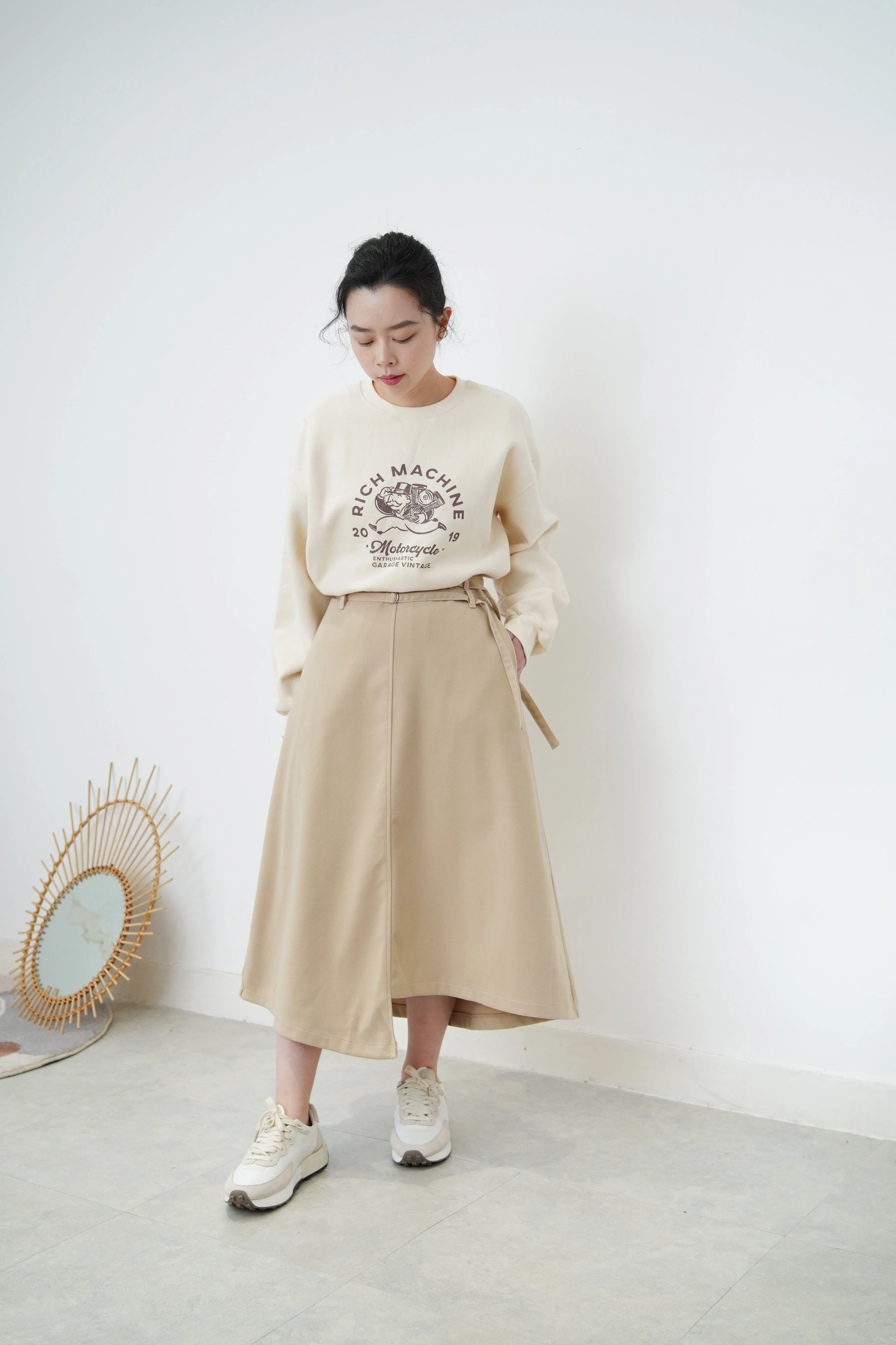 Beige asymmetric skirt w/ double belts