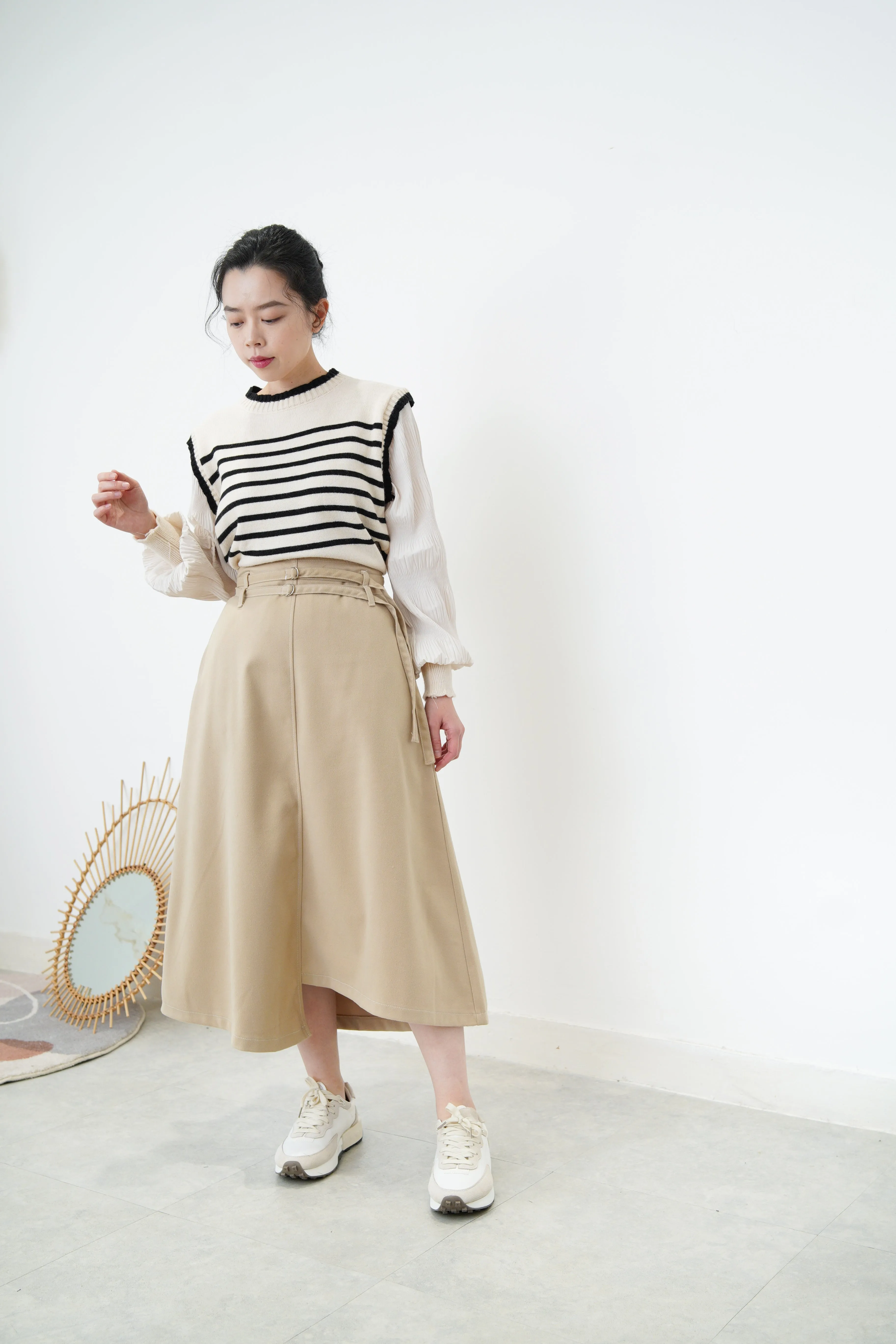 Beige asymmetric skirt w/ double belts