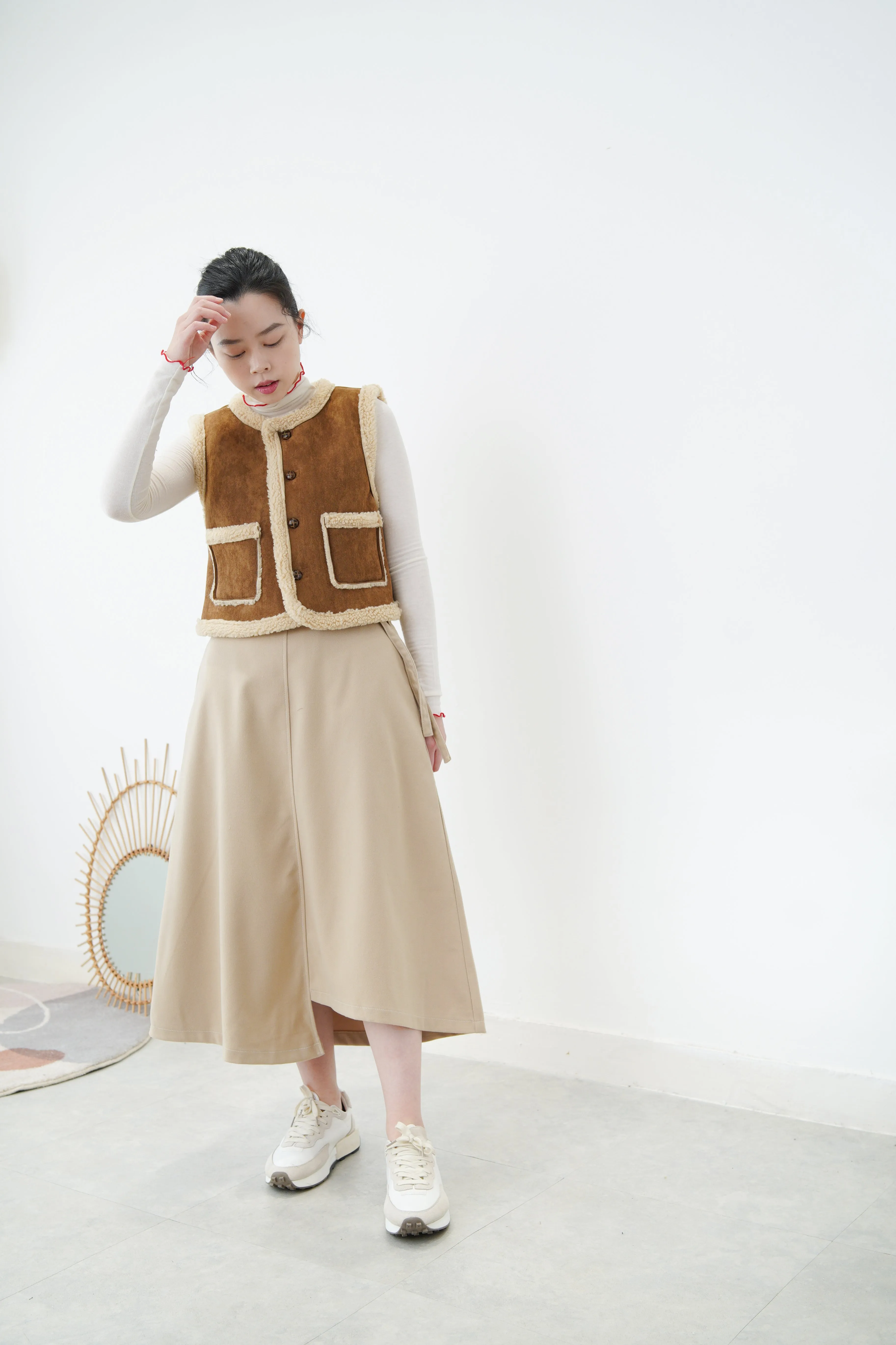 Beige asymmetric skirt w/ double belts