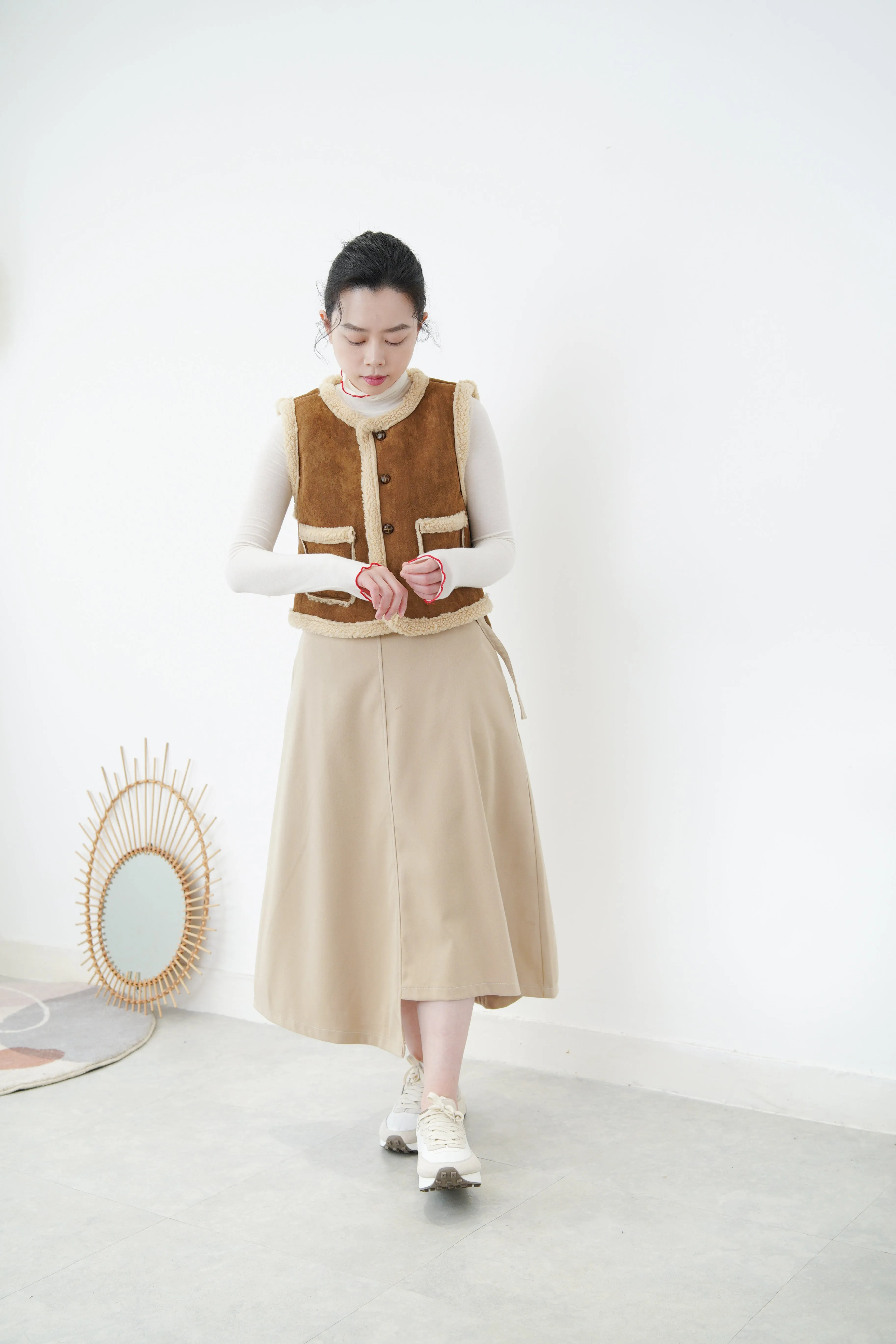 Beige asymmetric skirt w/ double belts