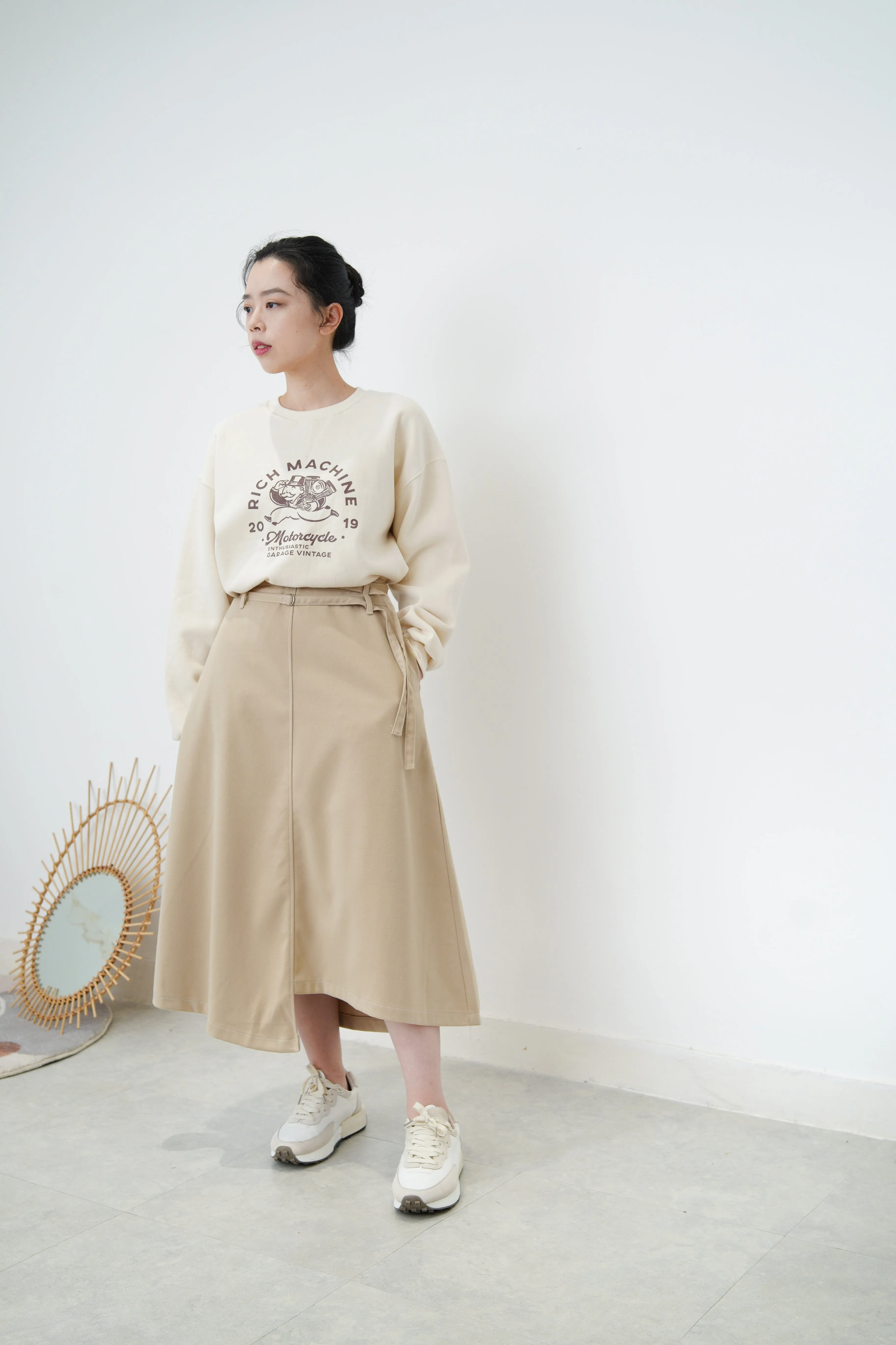 Beige asymmetric skirt w/ double belts