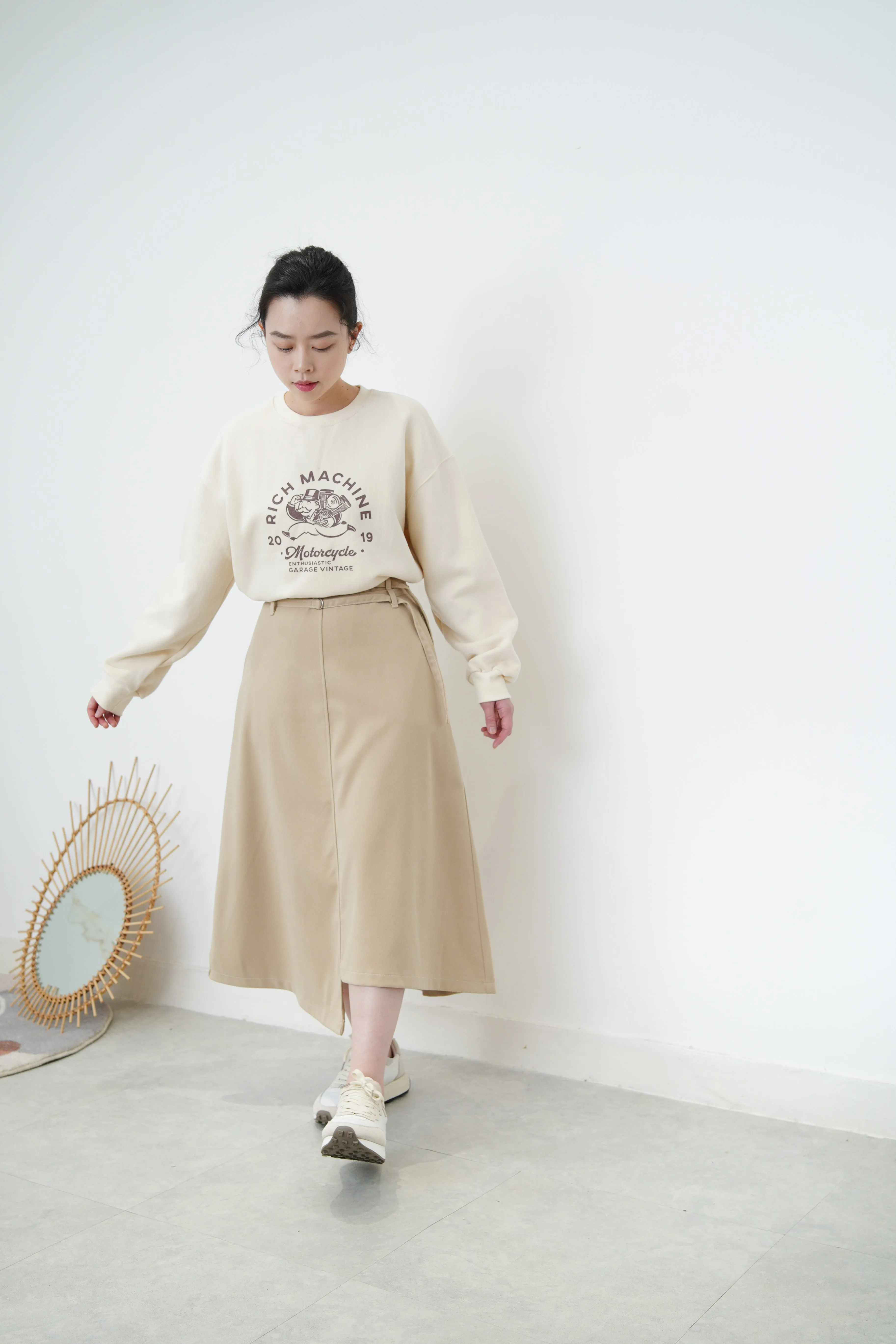 Beige asymmetric skirt w/ double belts