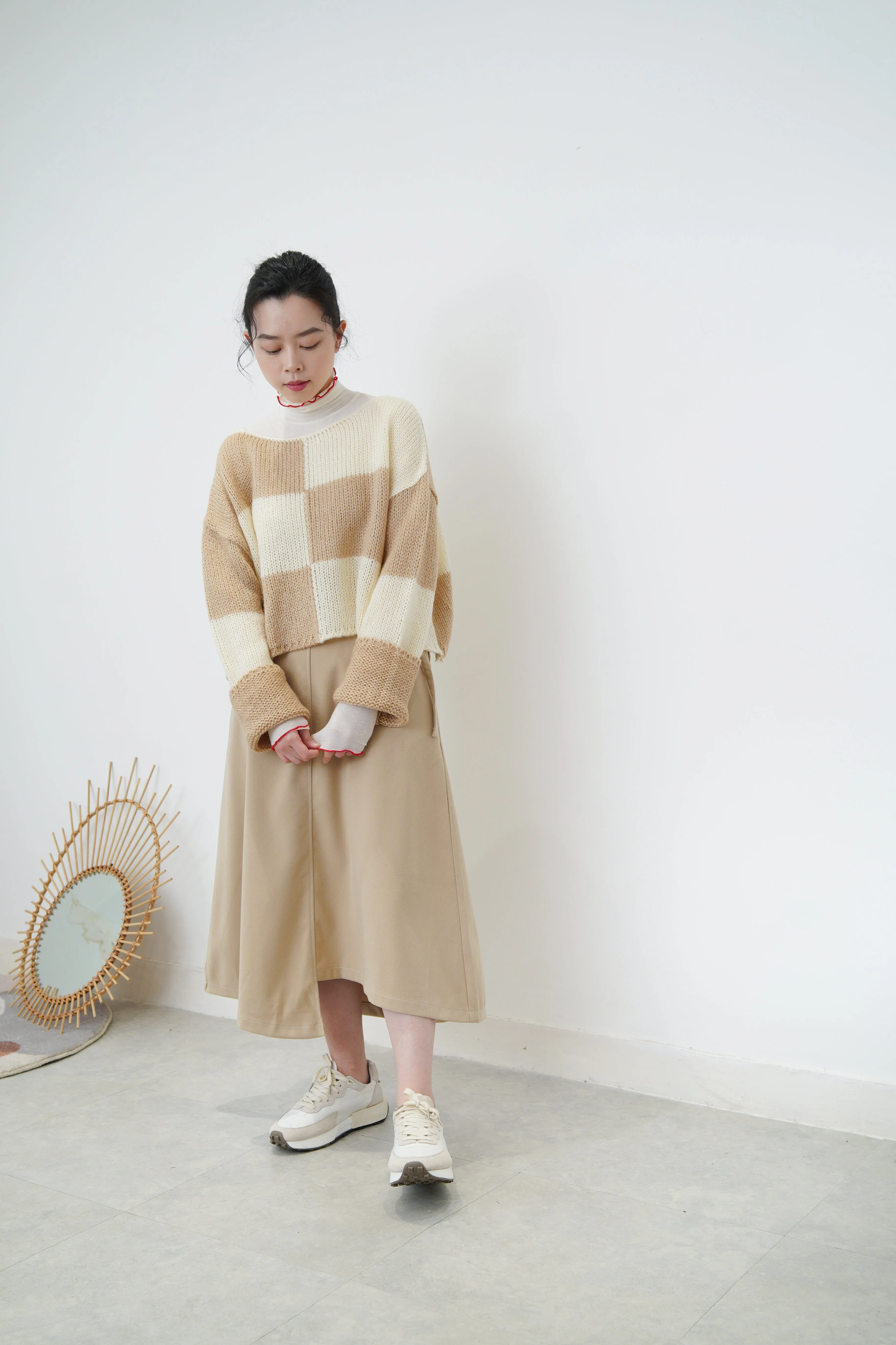 Beige asymmetric skirt w/ double belts