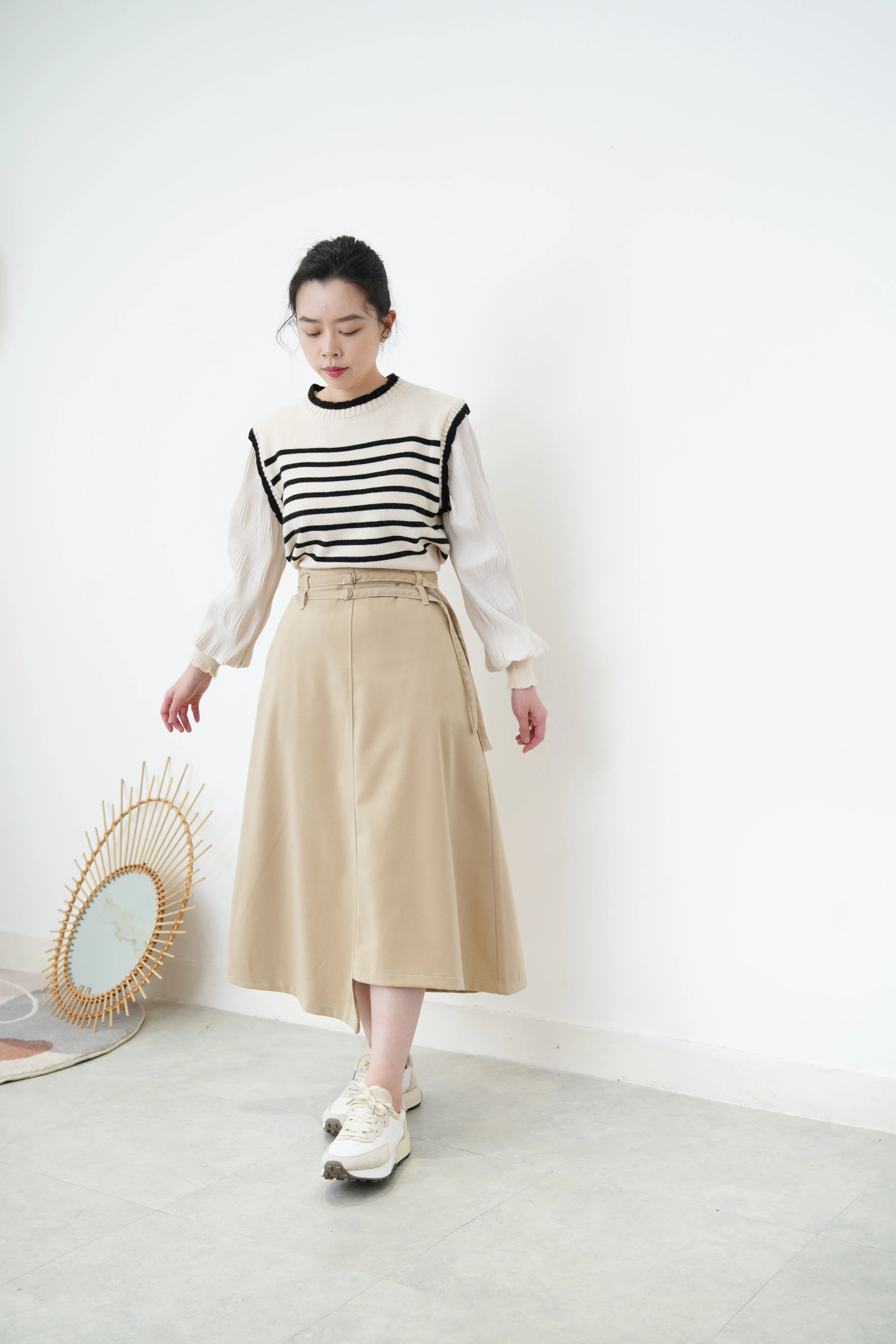 Beige asymmetric skirt w/ double belts