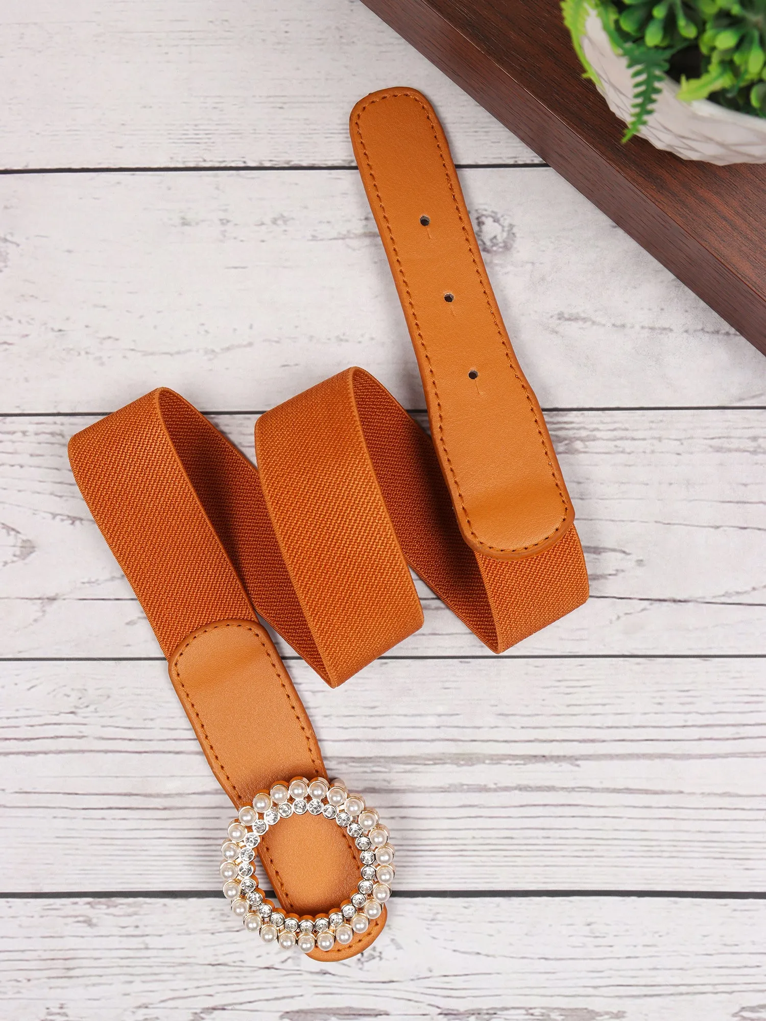 Berrylush Women Solid Brown Diamond & Pearl Embellished PU Nylon Push-Pin Regular Slim Belt