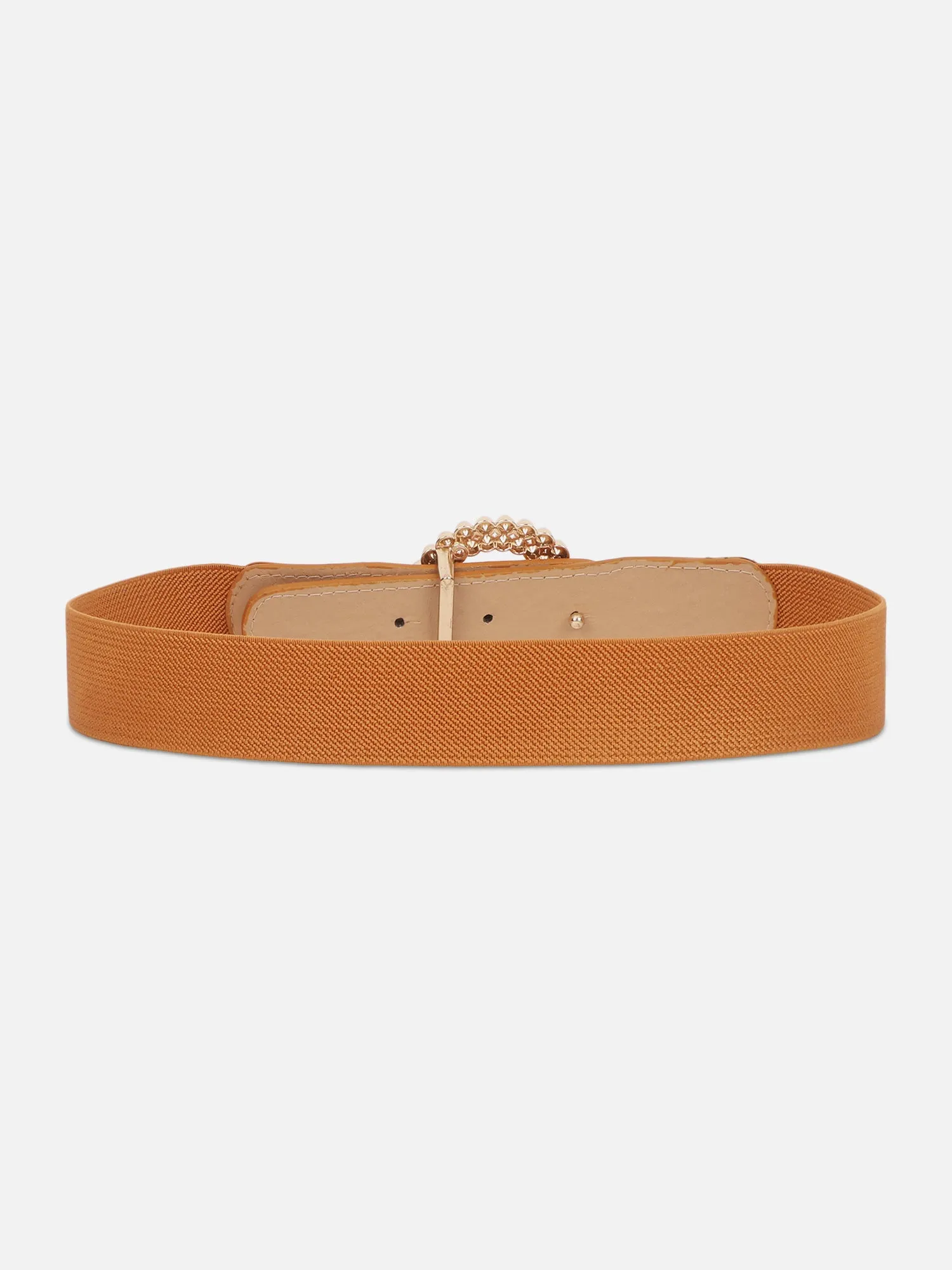 Berrylush Women Solid Brown Diamond & Pearl Embellished PU Nylon Push-Pin Regular Slim Belt