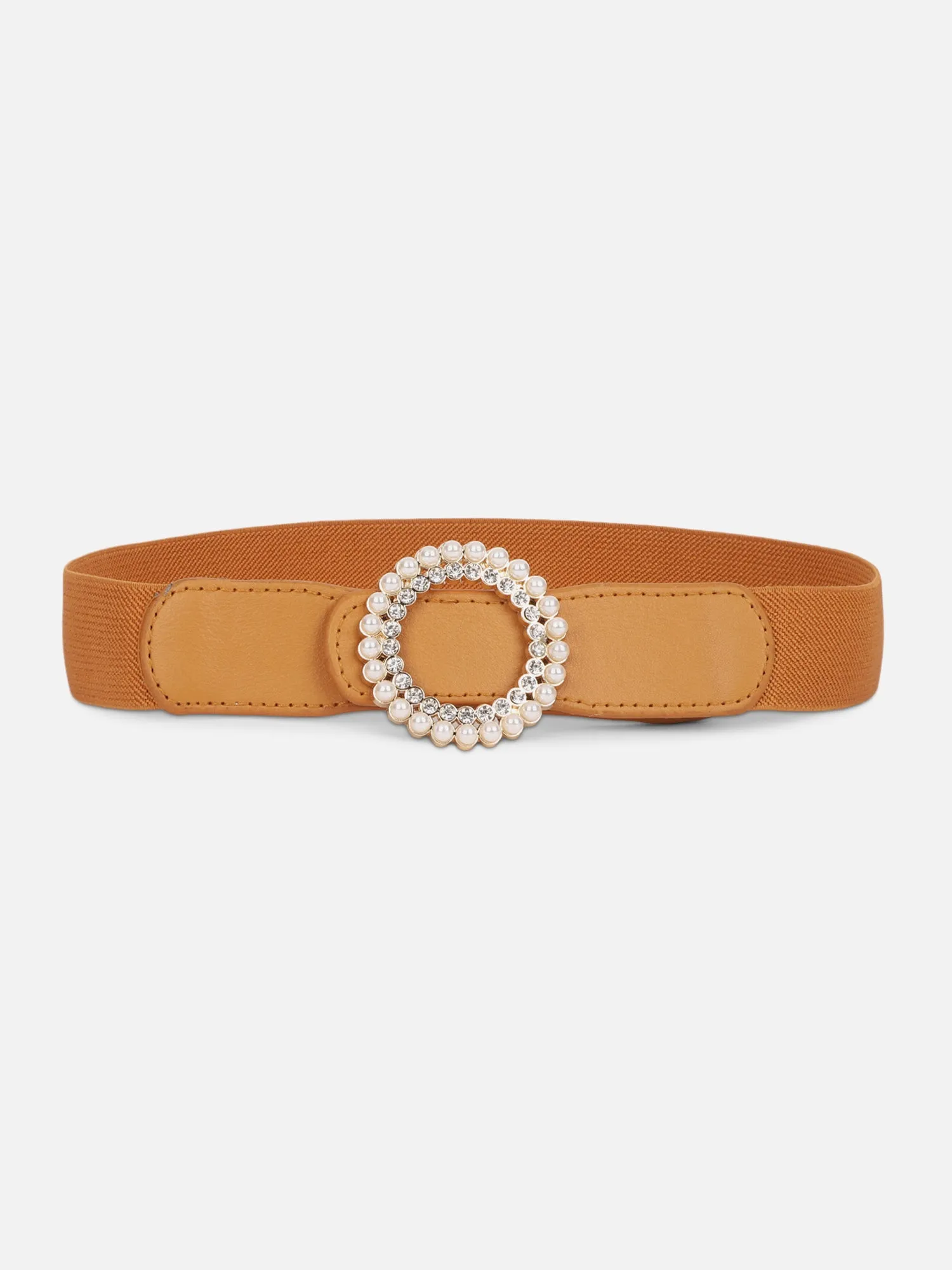 Berrylush Women Solid Brown Diamond & Pearl Embellished PU Nylon Push-Pin Regular Slim Belt