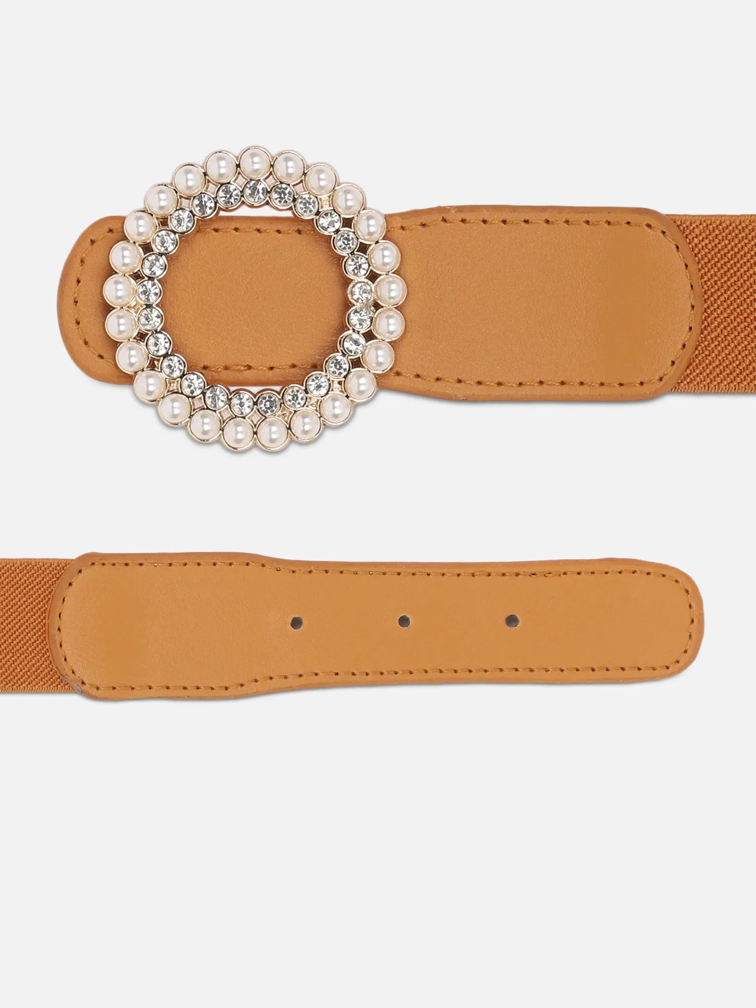 Berrylush Women Solid Brown Diamond & Pearl Embellished PU Nylon Push-Pin Regular Slim Belt