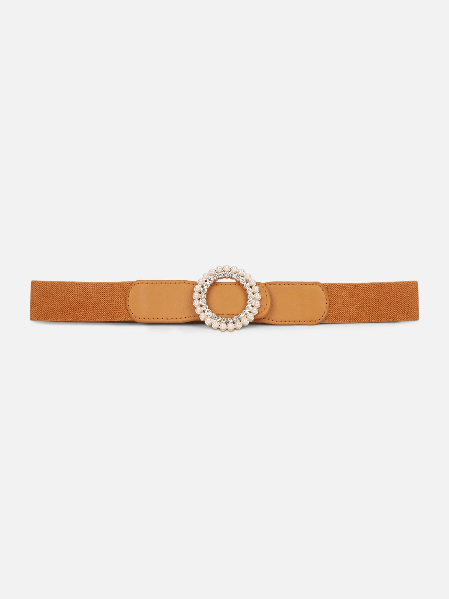 Berrylush Women Solid Brown Diamond & Pearl Embellished PU Nylon Push-Pin Regular Slim Belt