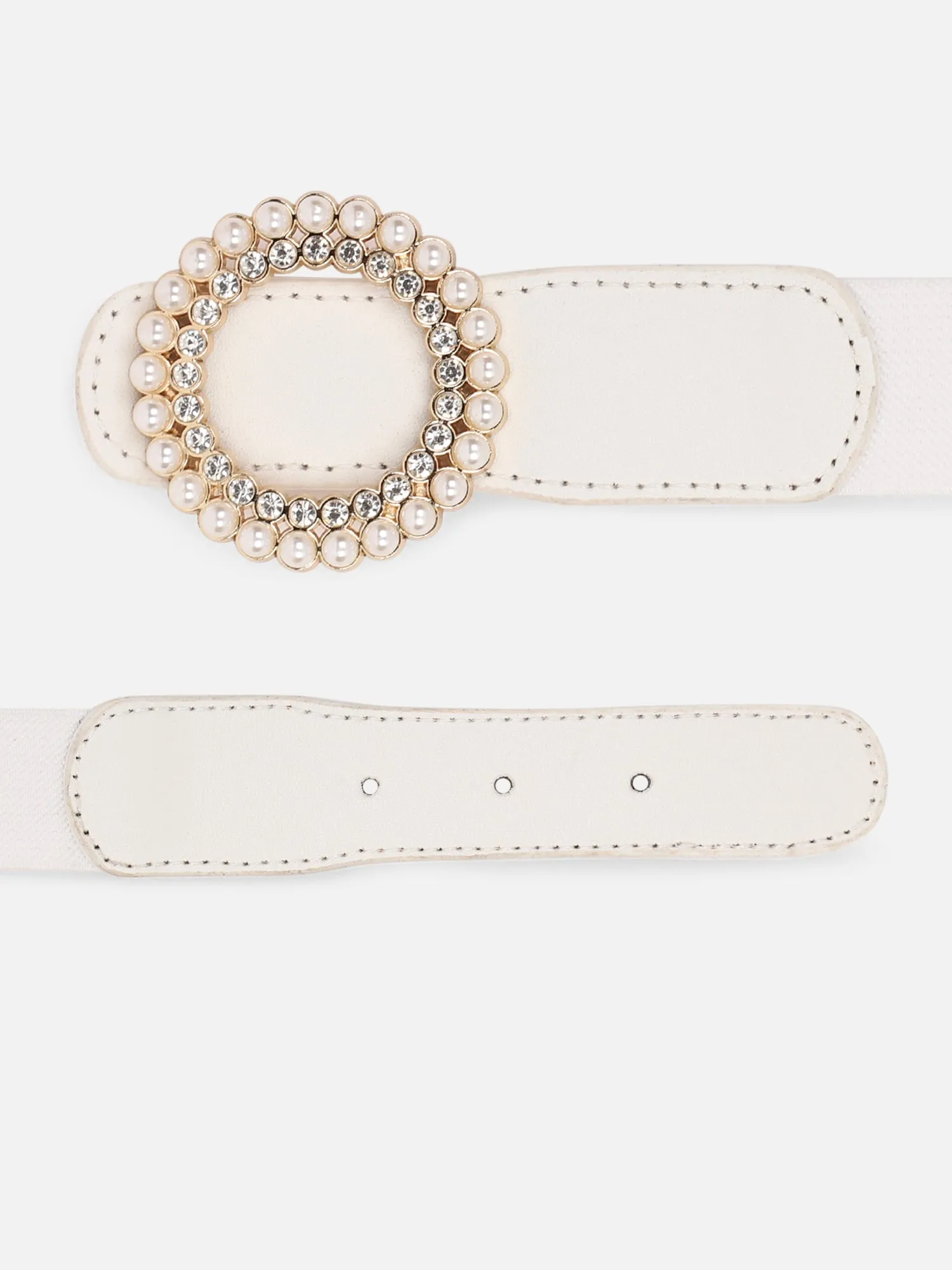 Berrylush Women Solid White Pearl & Diamond Embellished PU Nylon Interlock Regular Slim Belt