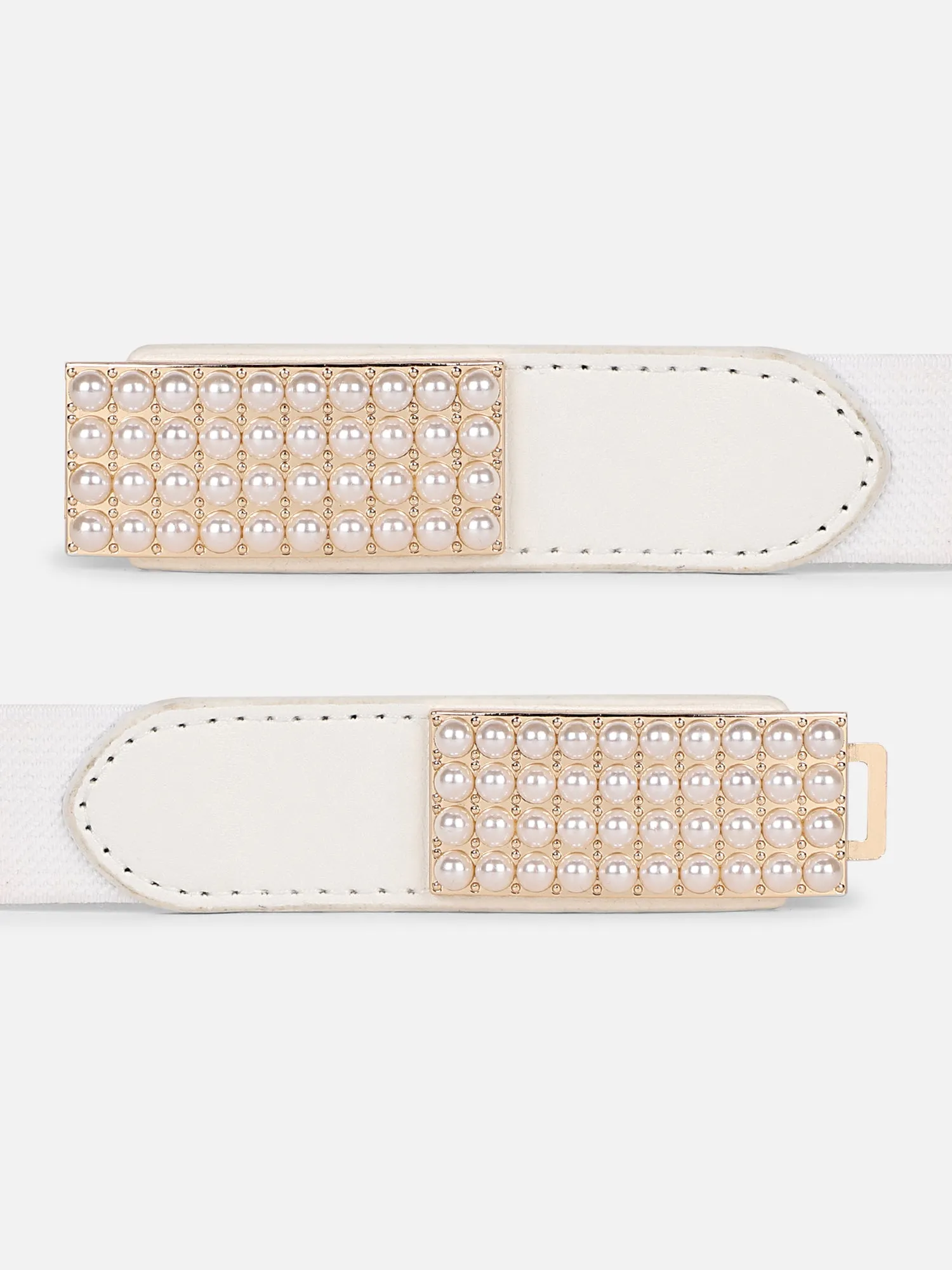 Berrylush Women Solid White Pearl Studded PU Nylon Interlock Regular Slim Belt
