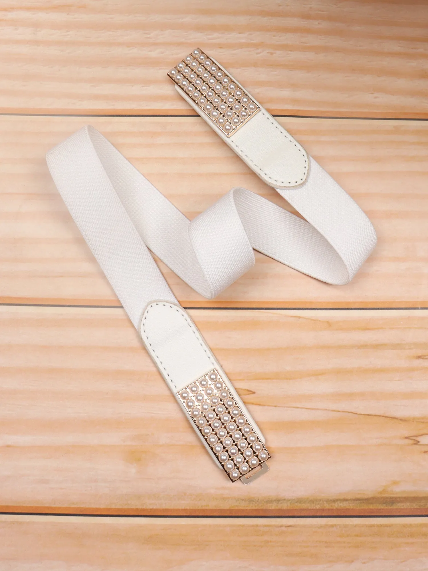Berrylush Women Solid White Pearl Studded PU Nylon Interlock Regular Slim Belt