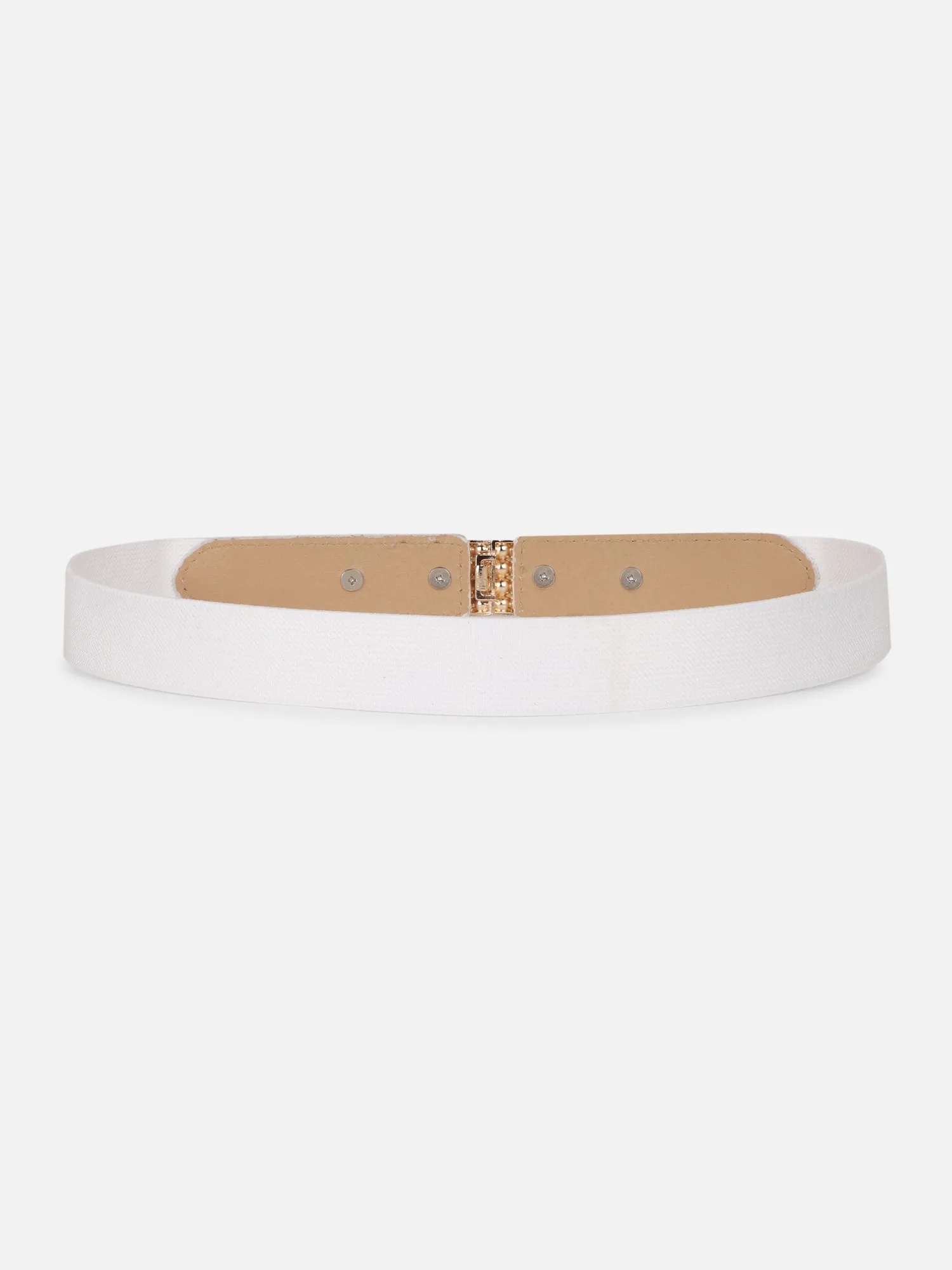 Berrylush Women Solid White Pearl Studded PU Nylon Interlock Regular Slim Belt