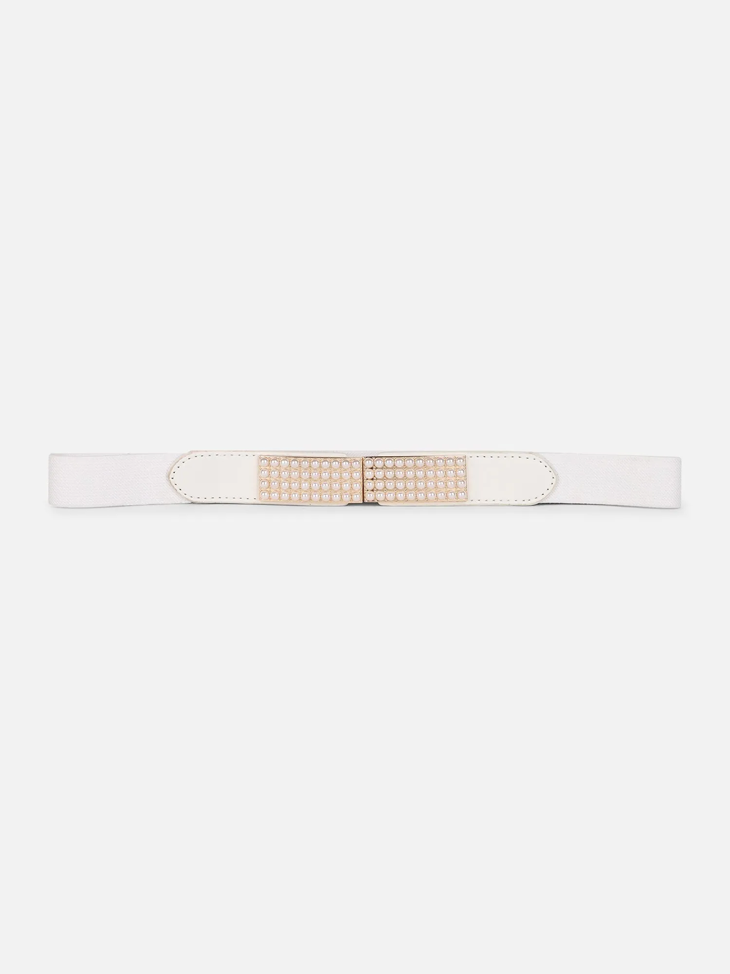 Berrylush Women Solid White Pearl Studded PU Nylon Interlock Regular Slim Belt