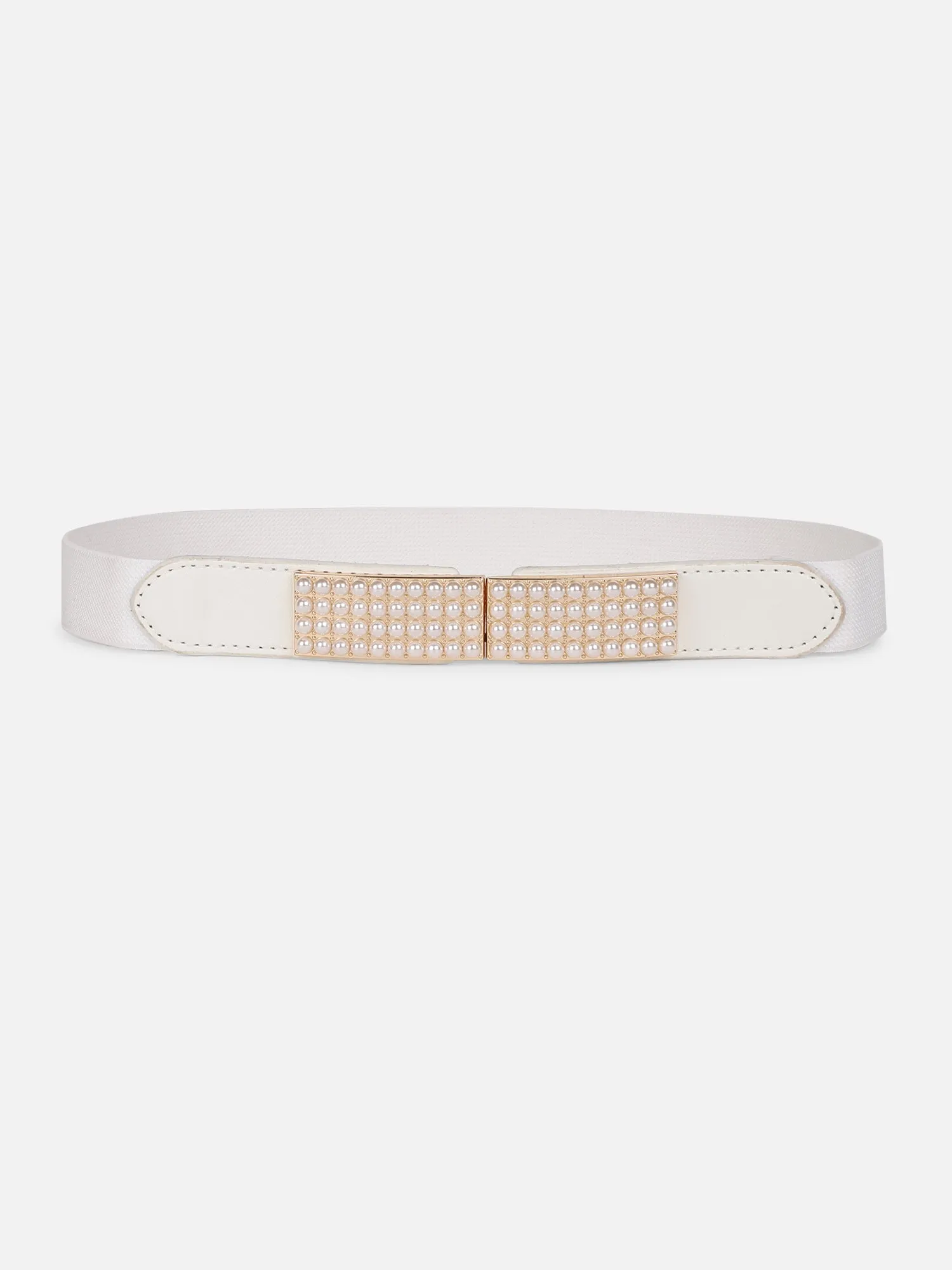 Berrylush Women Solid White Pearl Studded PU Nylon Interlock Regular Slim Belt