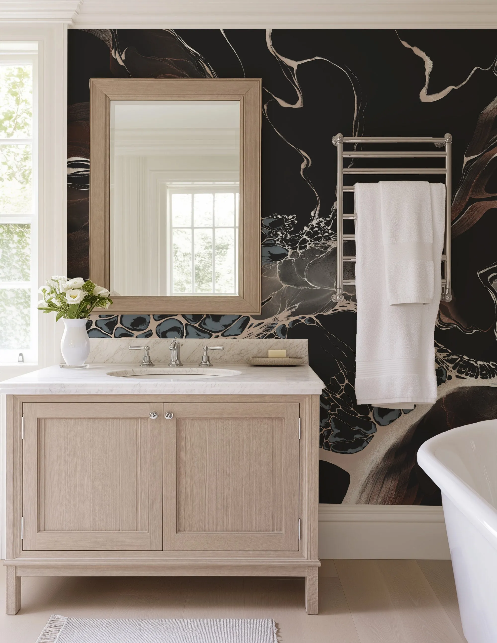 Bespoke Black Marble Wall Mural – Modern Fluid Art Wallpaper