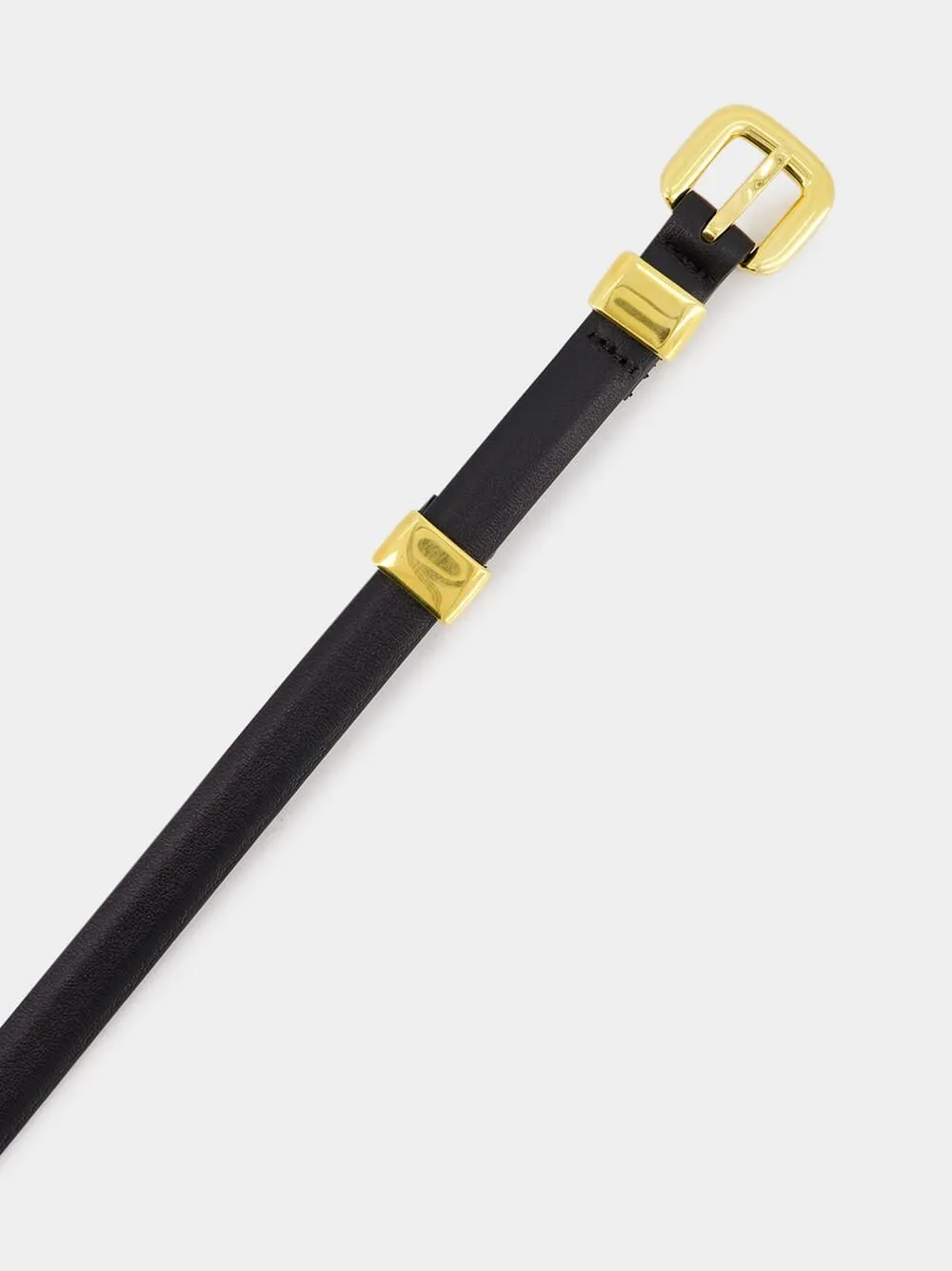 Black Skinny Leather Belt with Gold Buckle