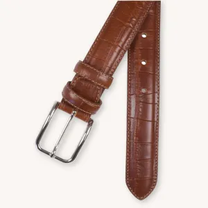 Cognac Croco-Pattern Leather Belt