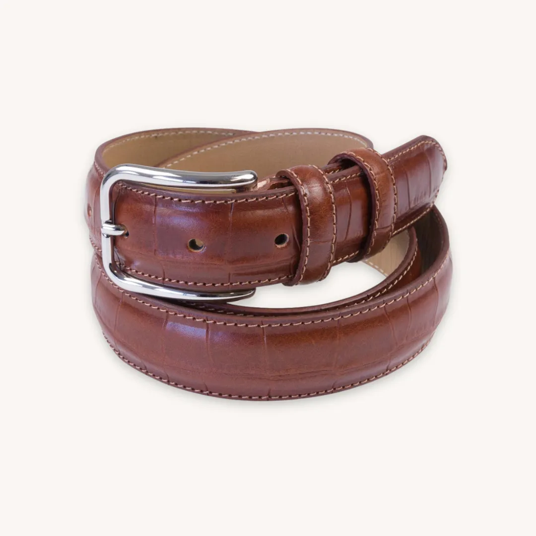 Cognac Croco-Pattern Leather Belt