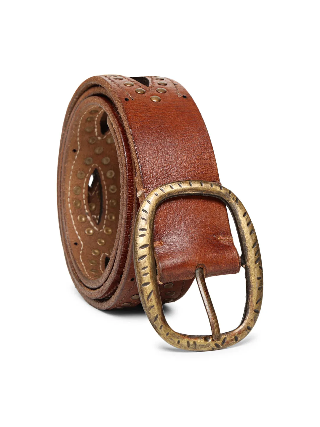 Cognac Laser With Studded Leather Belt For Women By Art N Vintage