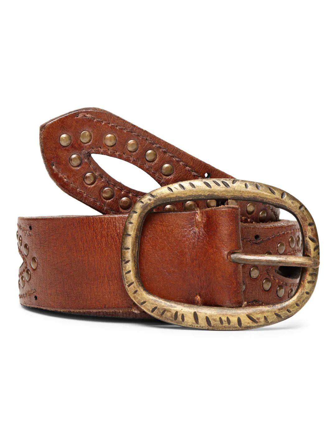 Cognac Laser With Studded Leather Belt For Women By Art N Vintage