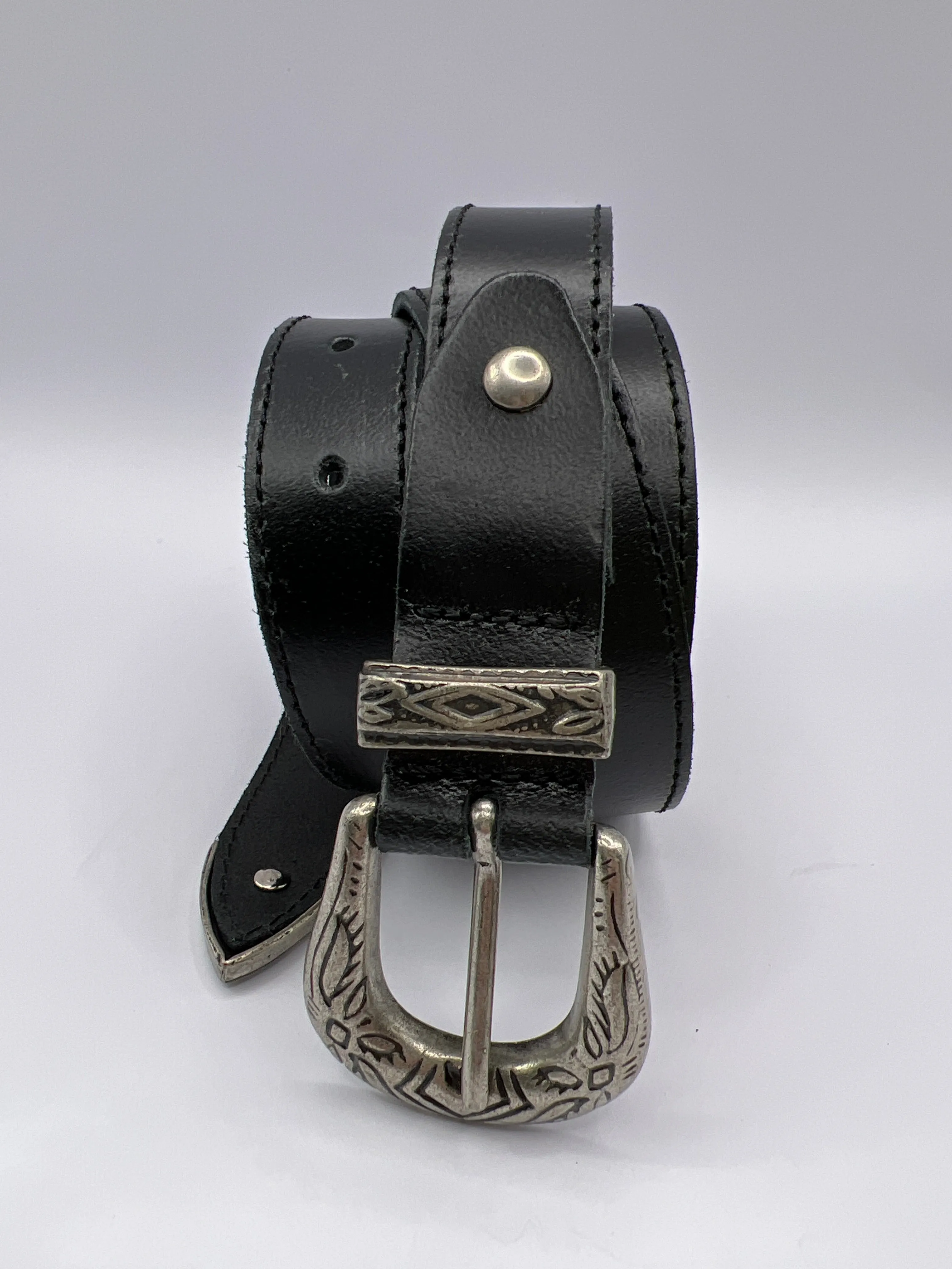 Cowboy Black Handmade Leather Belt with Silver Adornment