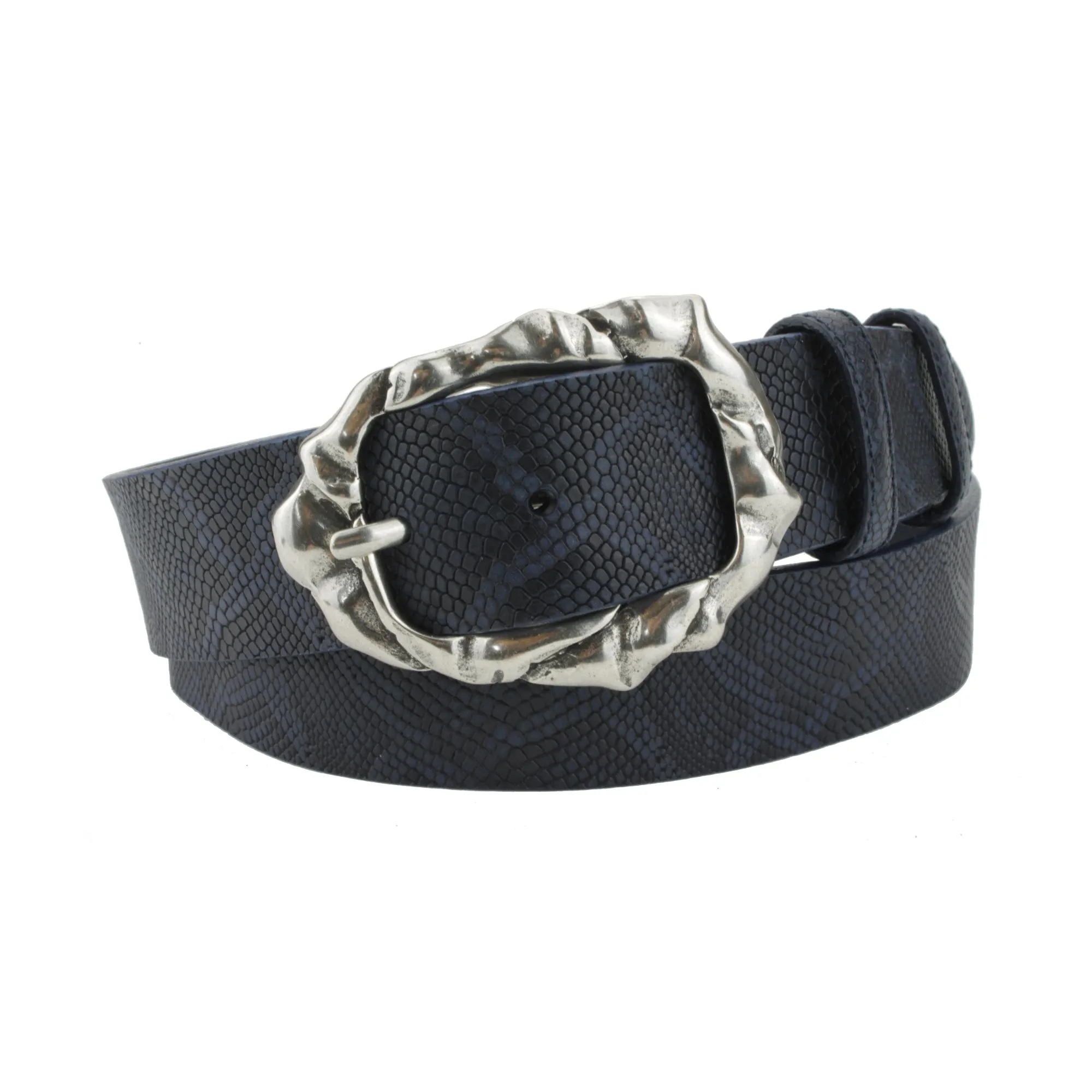 Deep Blue Python Texture Supple Hammered Prong Belt