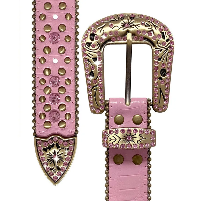 Engraved Buckle Western Pink Strap With Pink Studded Rhinestone Belt