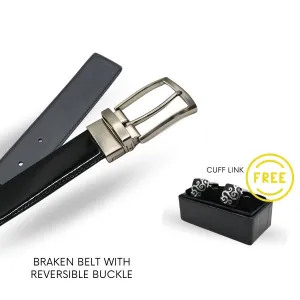 Gift BRAKEN & Cuff Link- Mens Black matte & glossy Genuine Leather Reversible Belt & select your own Buckle