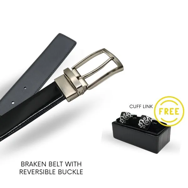Gift BRAKEN & Cuff Link- Mens Black matte & glossy Genuine Leather Reversible Belt & select your own Buckle