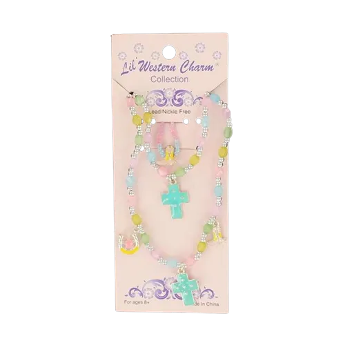 M&F Girl's Ringcross Multi Cross Necklace & Bracelet Set