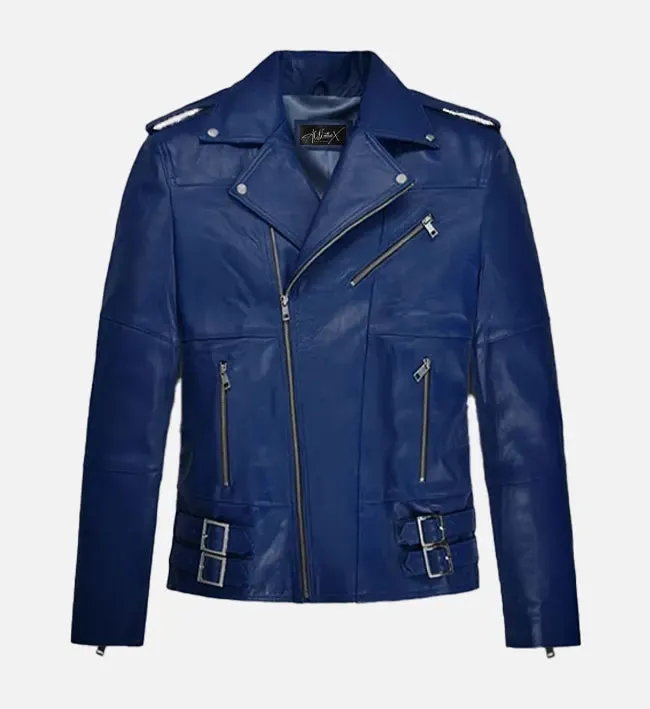 Men's Blue Leather Biker Jacket