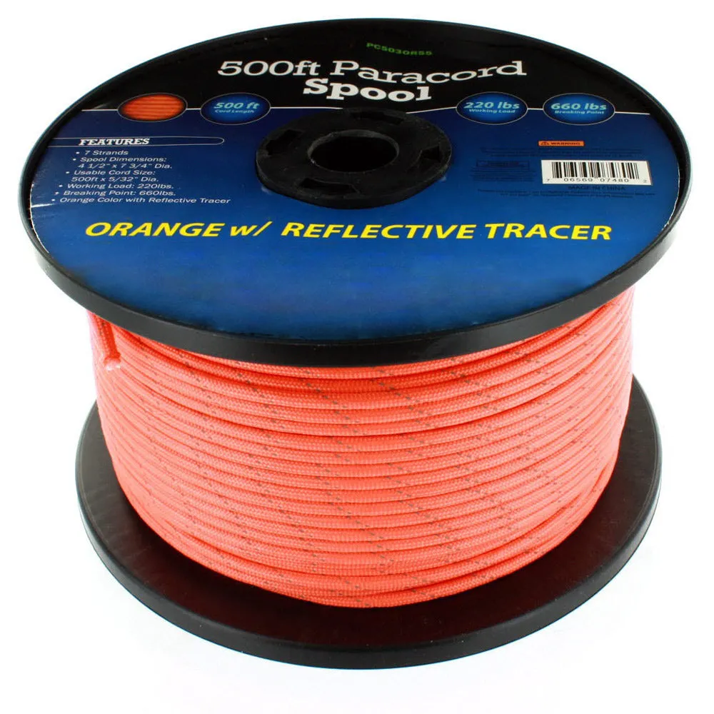Orange Reflective Cord Paracord 500 Ft Spool Outdoor Camping Hunt Survival Tool