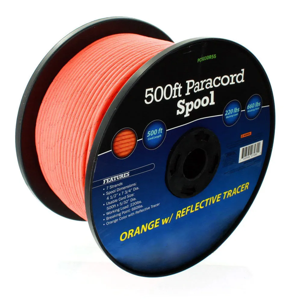 Orange Reflective Cord Paracord 500 Ft Spool Outdoor Camping Hunt Survival Tool