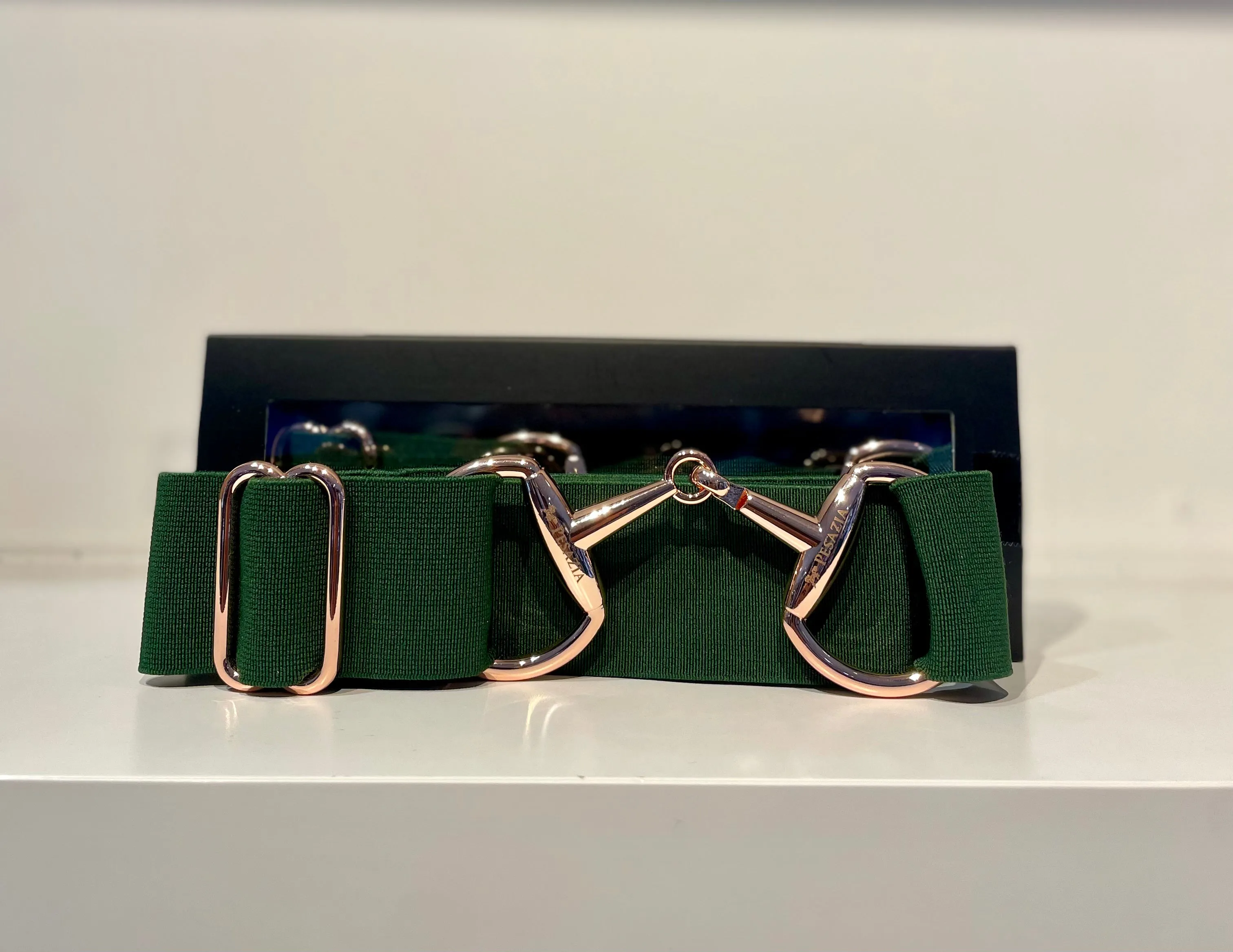 Pesazia - Logo Stretch Bit Belts - Hunter Green w/ Rose Gold Snaffle Bit