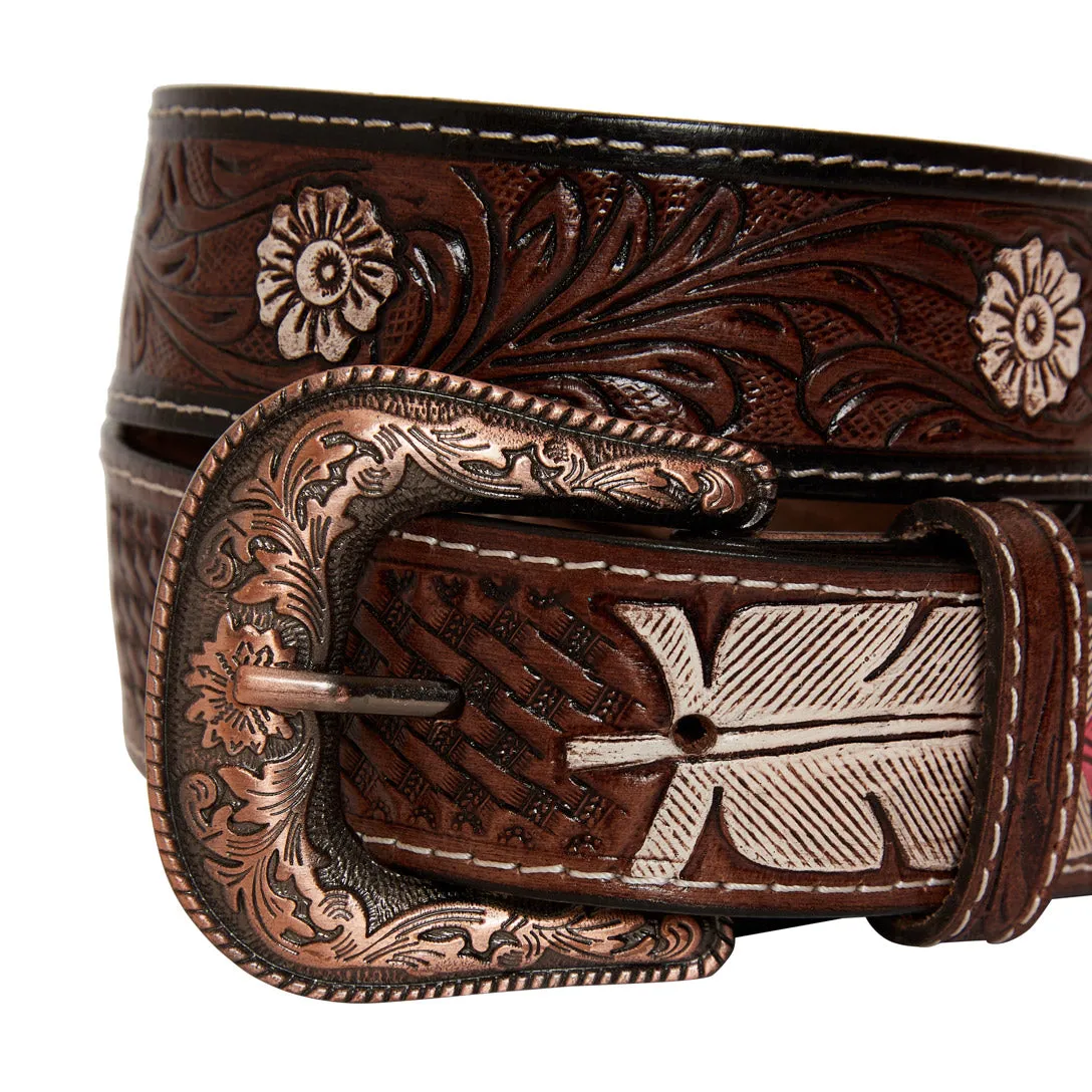 Pink feather Hand-Tooled Leather Belt