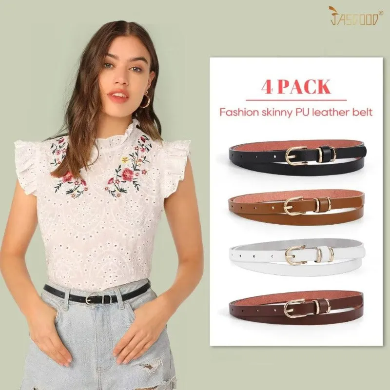Set of 4 Women's Skinny Leather Belt for Jeans with Gold Alloy Buckle