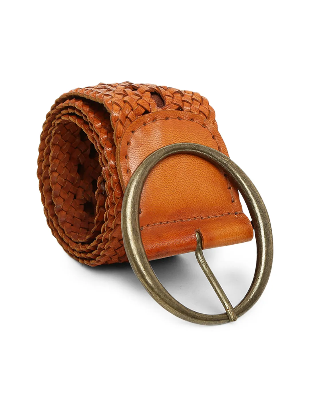 Tan Color Hand-weaving Design Women Leather Belt