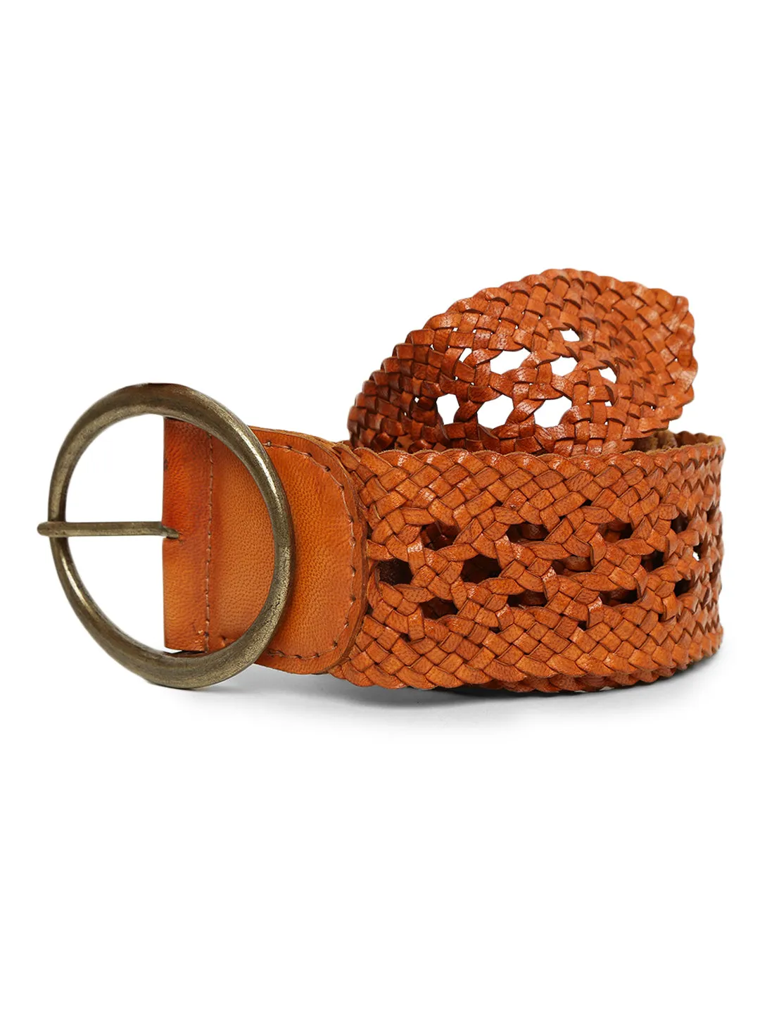 Tan Color Hand-weaving Design Women Leather Belt