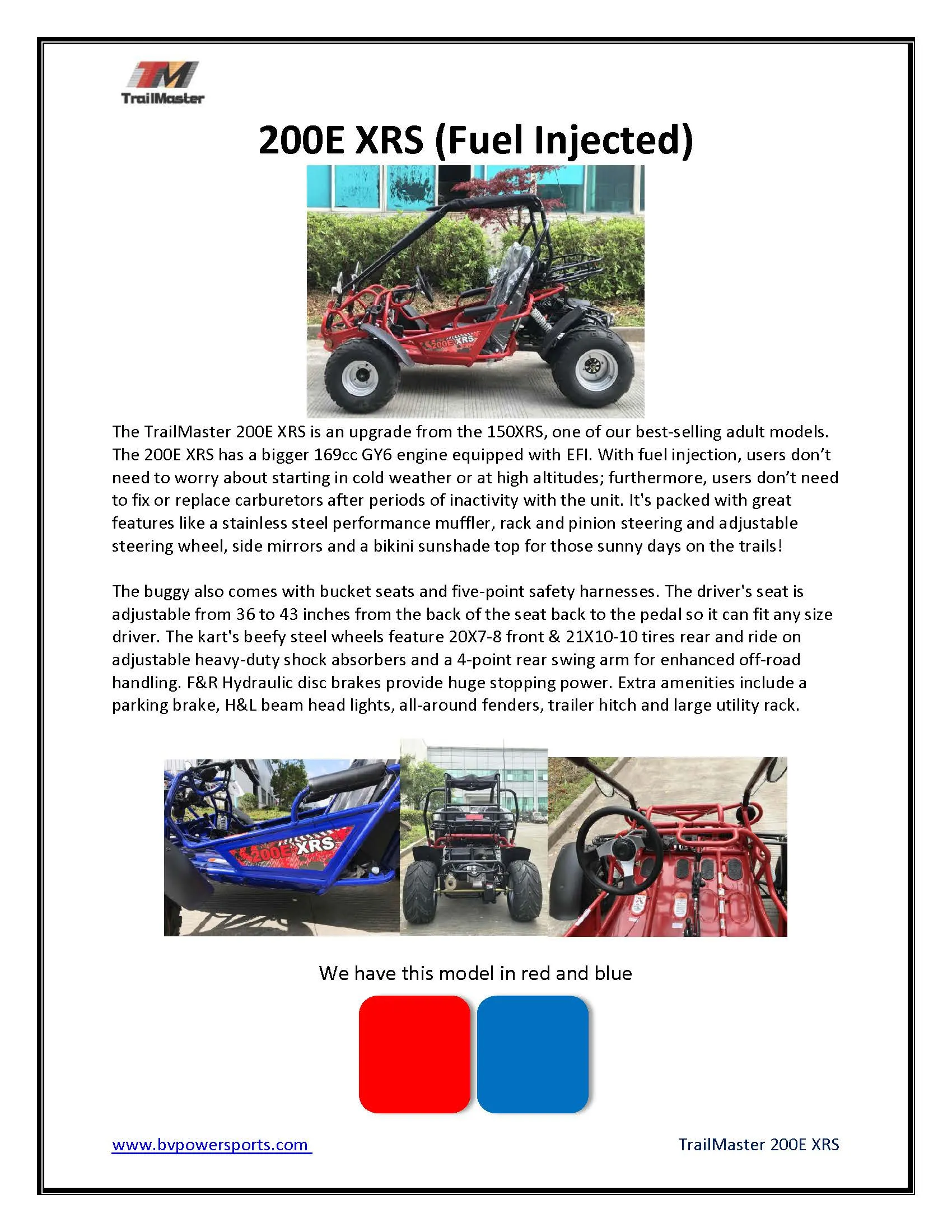 Trailmaster 200E XRS EFI Buggy / Go Kart Full Size youth Adult Off road Go Kart, Adjustable Seat, Independent Front Suspension, Double A Arms,